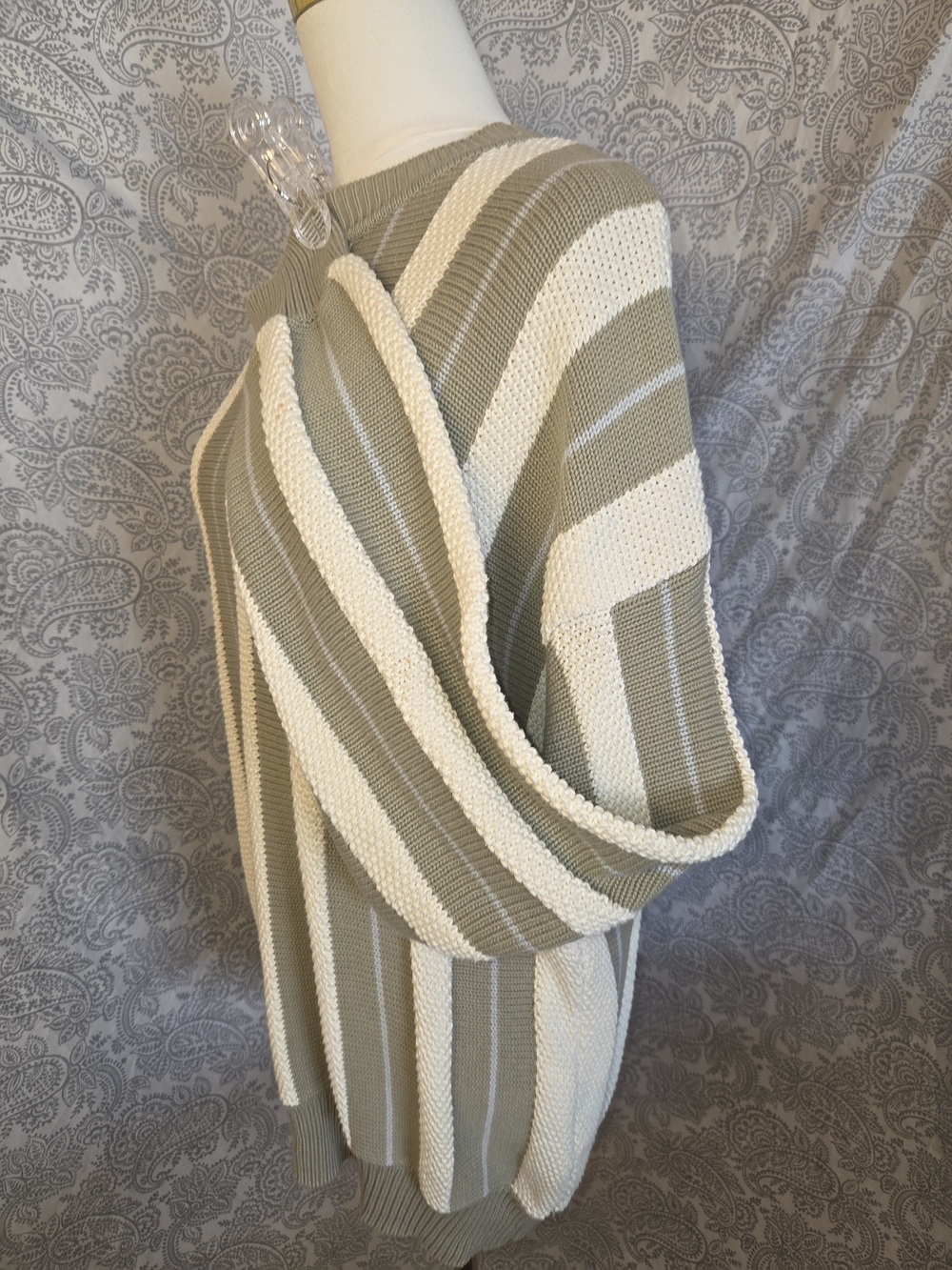 Liz Claiborne Striped Off-Shoulder Sweater in Sage and Cream